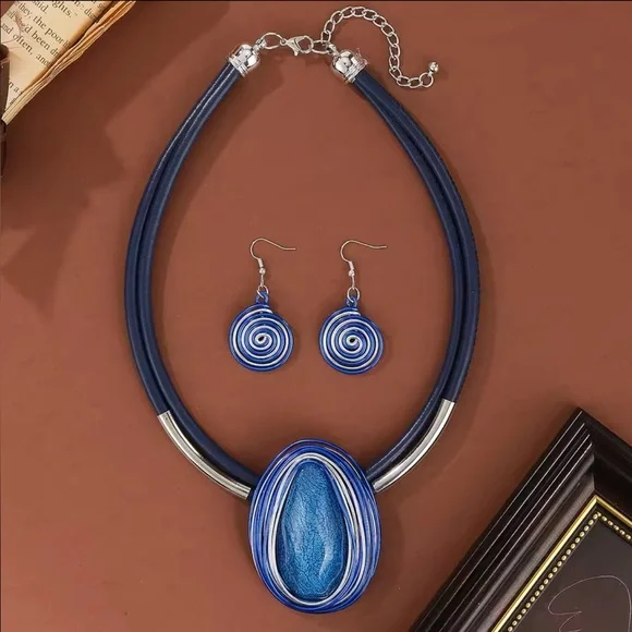 Sapphire Glow Spiral Pendant Necklace with Matching Earrings - Picture 1 of 3